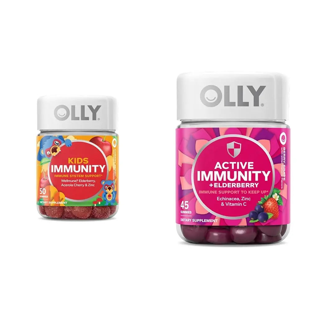 OLLY Kids Immunity Gummy, Immune Support, Wellmune, Elderberry, Vitamin C, Zinc, Chewable Supplement, Cherry - 50 Count & Gummy Active Immunity+Elderberry, 45 Gummies (1 Pack), Berry Flavor OLLY buy supplements canada