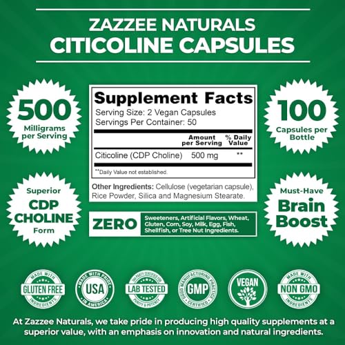 Zazzee Extra Strength Citicoline CDP Choline, 500 mg per Serving, 100 Vegan Capsules Zazzee buy supplements canada