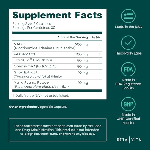 Liposomal NAD+ Supplement - Resveratrol, Urolithin A, CoQ10 & Muira Puama (Made in USA) NAD Supplement for Natural Energy, Brain Fog, Digestion, Detox, Gut Health, Microbiome, NR NMN Replacement Etta Vita buy supplements canada