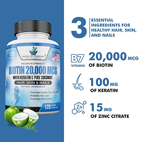 Biotin 20,000mcg with Keratin, Organic Coconut and Zinc, Hair Growth Supplements, Biotin American Standard Supplements buy supplements canada