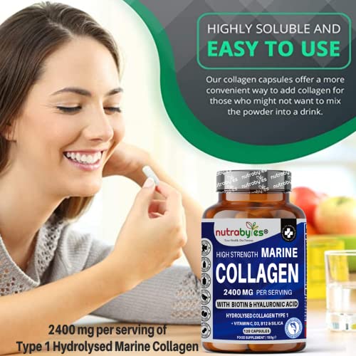 High Strength Marine Collagen 2400mg with Hyaluronic Acid 100mg, Biotin, Vitamin C, D3, B12 and Silica NUTRABYTES buy supplements canada