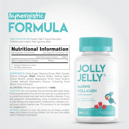 Marine Collagen Gummies by Jolly Jelly® - Wild-Caught Marine Collagen Tapioca Gummies - Type 1 Hydrolysed Collagen - Strawberry Flavour - 60 Gummies. JOLLY JELLY buy supplements canada