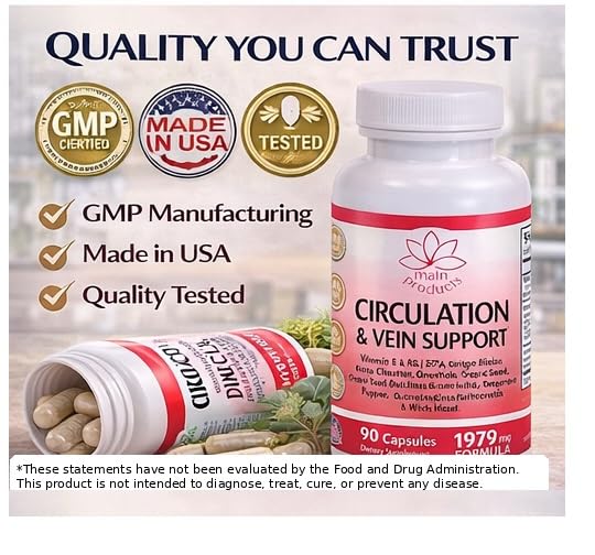 Circulation & Vein Support Supplement - Vitamins E & B3, Ginkgo Biloba, Horse Chestnut, Gotu Kola, Grape Seed, Butcher's Broom & Citrus Bioflavonoids - 1979 mg Formula - 90 Capsules - 30 Days Supply. Main Products buy supplements canada