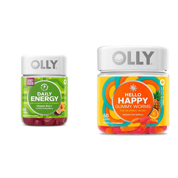 OLLY Daily Energy Gummy, Caffeine Free, Vitamin B12, CoQ10, Goji Berry, Adult Chewable Supplement & Hello Happy Gummy Worms, Mood Balance Support, Vitamin D, Saffron, Adult Chewable Supplement OLLY buy supplements canada