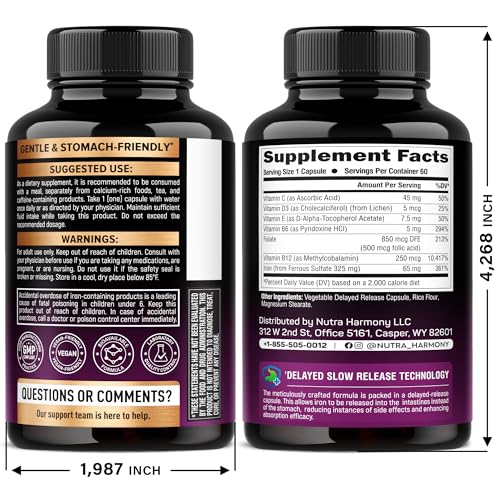 Iron Supplement for Women - Iron 65mg (Ferrous Sulfate 325mg) - Stomach Friendly | Slow Release Iron | High Absorption - Vitamins C, D3, B6, B12 & Folate NUTRAHARMONY buy supplements canada