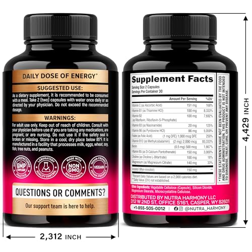 Vitamin B Complex for Men & Women - Riboflavin B2, B12, B1, B3, B5, B6, B7, B8, B9 | Vitamin C, Choline, Inositol - B-Complex Supplement - Energy, Brain & Heart Support - Made in USA, 60 Vegan Caps NUTRAHARMONY buy supplements canada
