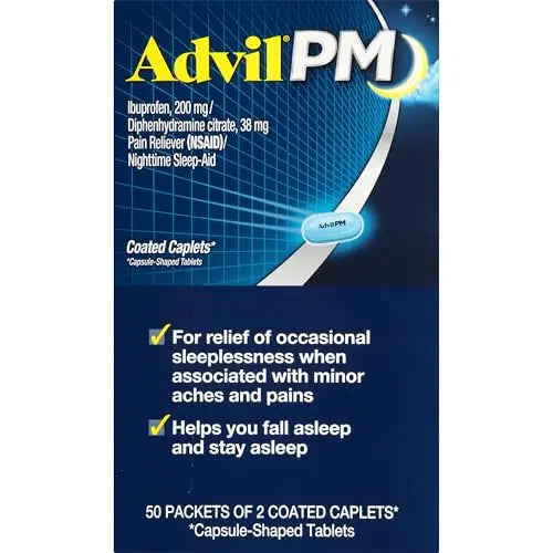 Advil PM Pain Reliever and Nighttime Sleep Aid, Pain Medicine with Ibuprofen for Pain Relief and Diphenhydramine Citrate for a Sleep Aid - 50x2 Coated Caplets Advil buy supplements canada