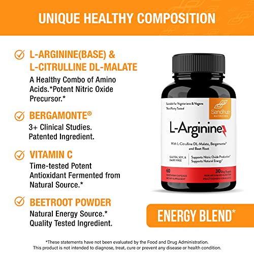 Sandhu's L-Arginine with Nitric Oxide Precursor | Made in The USA| 30 Days Supply Sandhu's buy supplements canada
