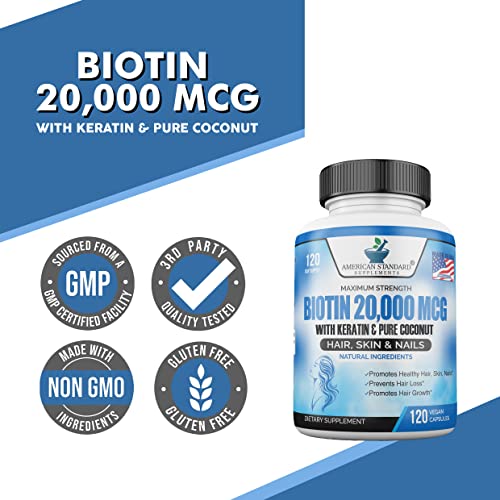 Biotin 20,000mcg with Keratin, Organic Coconut and Zinc, Hair Growth Supplements, Biotin American Standard Supplements buy supplements canada