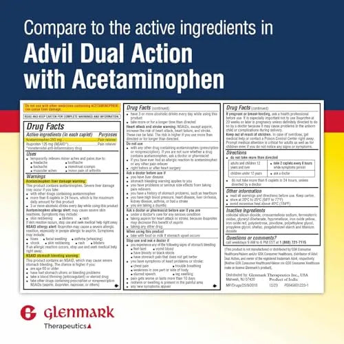 Dual Action Acetaminophen 250mg and Ibuprofen 125mg Caplets, Up to 8h of Pain Relief for Minor Aches and Pain, Headaches, Toothache, Backache, Menstrual Cramps, Minor Arthritis Pain, 216 Count Glenmark Therapeutics buy supplements canada