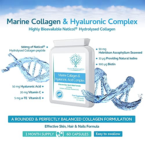 Marine Collagen & Hyaluronic Acid Complex - 60 Capsules - 500mg of Highly Bioavailable Naticol® Hydrolysed Collagen swiss bioenergetics buy supplements canada