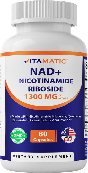 Vitamatic NAD Nicotinamide Riboside Supplement 1300mg 60 Ct - Support Healthy Aging, Cellular Energy Production, Made with Riboside, Quercetin, Resveratrol, Green Tea, & Acai Powder Vitamatic buy supplements canada