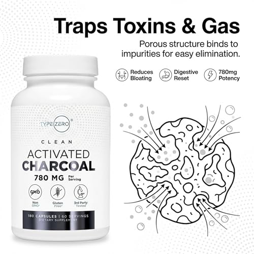 Type Zero Activated Charcoal Capsules (180 Count) - 60 Servings, 780mg Per Serving, from Coconut Shell, Non-GMO, Gluten-Free Type Zero buy supplements canada