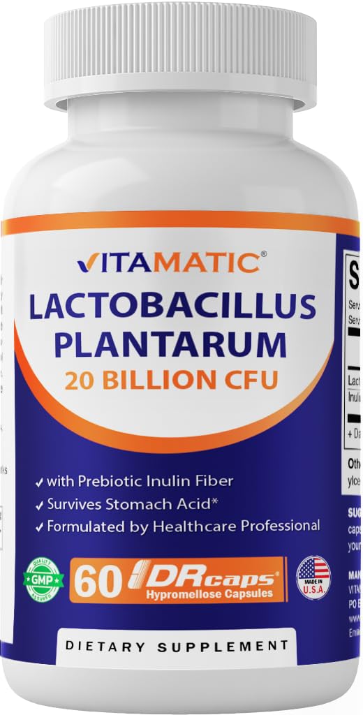 Vitamatic Lactobacillus Plantarum - 20 Billion per DR Capsule - 60 Count - Digestive Support - Made with Prebiotic Inulin Fiber Vitamatic buy supplements canada