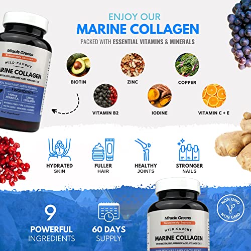 Marine Collagen 1400mg | 120 Capsules with Biotin, Hyaluronic Acid, Vitamin C, E, B2, Zinc, Copper & Iodine Miracle Greens buy supplements canada