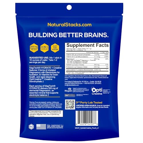 NATURAL STACKS Magtech Magnesium Hydrate + Creatine - Sugar Free Electrolyte Drink - Magtein Magnesium L-Threonate, Glycinate & Taurate - Supports Hydration & Cellular Energy - 14 Hydration Packets NATURAL STACKS buy supplements canada
