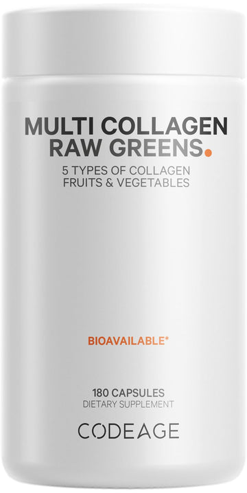 Codeage Multi Collagen Protein + Organic Raw Greens Superfood Capsules Supplement, 21 Fruits & Veggies, Grass-Fed Hydrolyzed Collagen Peptides, 5 Types All-in-One, 180 Count Codeage buy supplements canada