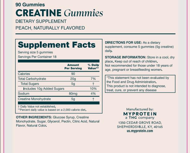 Myprotein Creatine Gummies, 5g Creatine Monohydrate per Serving, Peach, 90 Count, 18 Servings, Chewable Post/Pre Workout Strength & Recovery Sports Nutrition Supplement, Vegan, Non-GMO Myprotein buy supplements canada