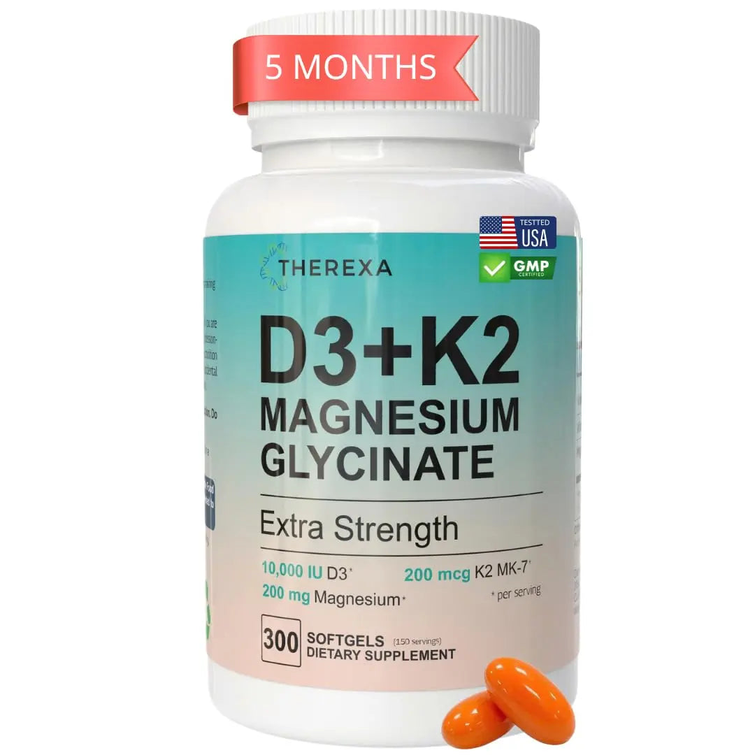 THEREXA Vitamin D3 K2 Magnesium Supplement - Extra Strength with 10000 IU Vitamin D3, Magnesium Glycinate and 200 mcg K2 MK-7 Vitamin Supplements Complex, for Women & Men - 300 Softgels THEREXA buy supplements canada