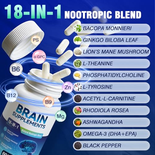 18-in-1 Brain Supplement for Memory and Focus – Nootropic Capsules with Alpha GPC, Bacopa, Ginkgo Biloba, Lion's Mane, Vitamin B6 & B12 | Cognitive Health, Mental Clarity | Vegan, Non-GMO Fenolutra buy supplements canada