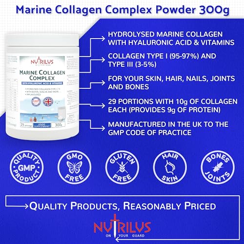 Hydrolysed Marine Collagen Powder 300g with Hyaluronic Acid and Vitamins - 29 Servings Nutrilus buy supplements canada