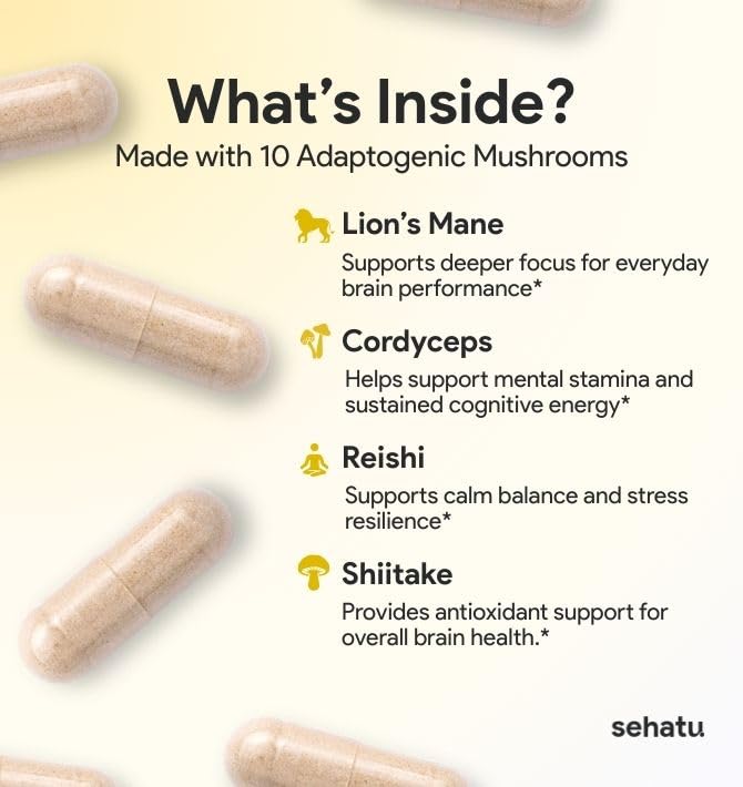 SEHATU Clarity Plus Cognitive Wellness Supplement | Packed with 10 Powerful Adaptogenic Mushrooms | Clear Brain Fog and Support Mental Clarity | 60 Count | 30 Day Supply SEHATU buy supplements canada