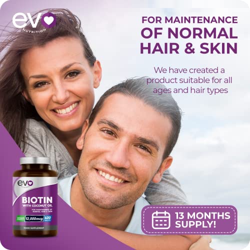 Biotin Hair Growth Supplement 12,000mcg with Coconut Oil | 400 High Strength Tablets EVO NUTRITION buy supplements canada
