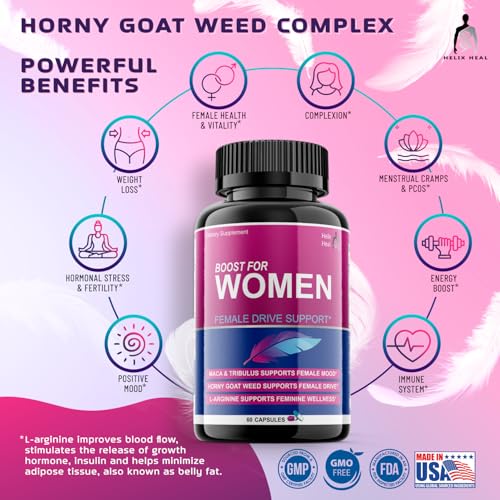 Helix Heal Libido Booster for Women Fast Acting with Horny Goat Weed - Female Desire Pills with Maca Root, Tribulus Terrestris, Ginseng and Hornygoatweed Women - Hormone Balance, Made in USA (60 ct) Helix Heal buy supplements canada
