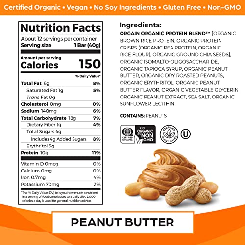 Orgain Organic Vegan Protein Bars, Peanut Butter - 10g Plant Based Protein Orgain buy supplements canada