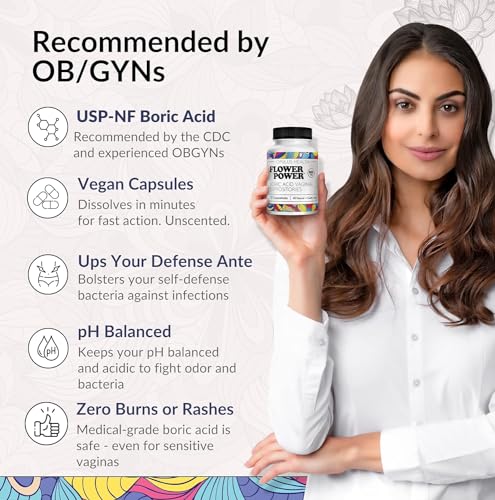 Flower Power Vegan Boric Acid Suppositories - 30 Capsules - 600mg for Vaginal Odor and pH Balance Flower Power buy supplements canada