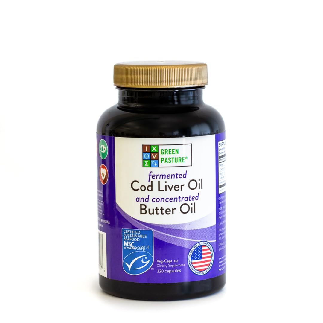 Green Pasture Fermented Cod Liver Oil & Butter Oil Blend - Wild Alaska Cod, Vitamins A & D, Omega-3-6-9, MSC Certified, 120 Capsules Green Pasture buy supplements canada