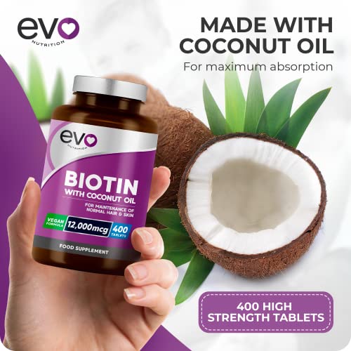 Biotin Hair Growth Supplement 12,000mcg with Coconut Oil | 400 High Strength Tablets EVO NUTRITION buy supplements canada