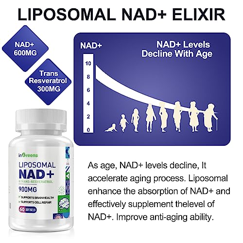 inGreens 900mg Liposomal NAD+ Supplement with 300mg Trans Resveratrol - Superior Absorption, Replaces NMN, Boost NAD+ for DNA Repair, Energy & Longevity, Aging Defense, 60 Softgels inGreens buy supplements canada