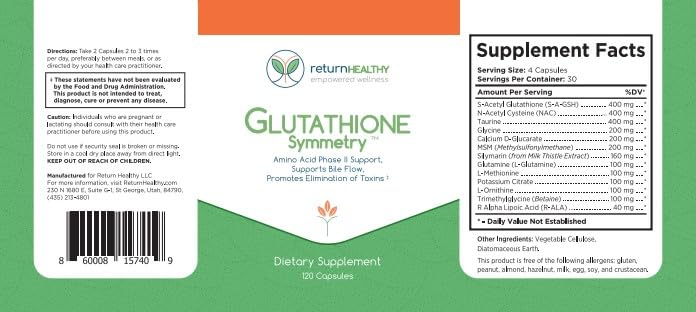 Return Healthy Glutathione Symmetry | S-Acetyl Glutathione Supplement | Antioxidants & Detoxification Supplement | Natural Cellular Support | All-Natural, Vegan, Non-GMO, 120 caps Return Healthy buy supplements canada