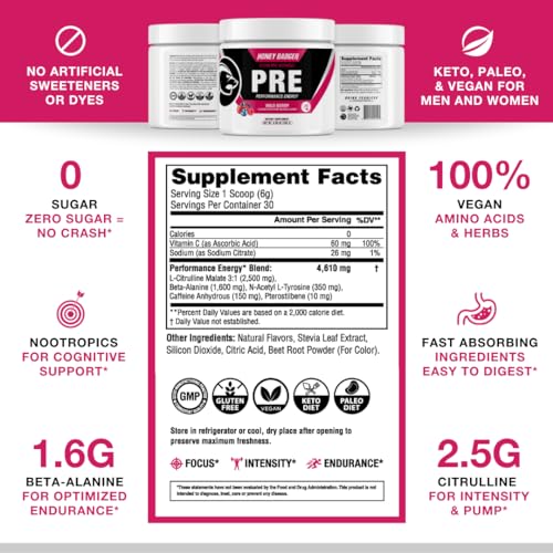 Honey Badger Pre Workout Powder, Keto Vegan Preworkout for Men & Women with Vitamin C Honey Badger buy supplements canada
