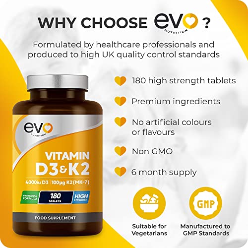 Vitamin D3 4000iu & Vitamin K2 100ug (MK7) |180 Vegetarian Tablets | 1-A-Day | 6 Month EVO NUTRITION buy supplements canada