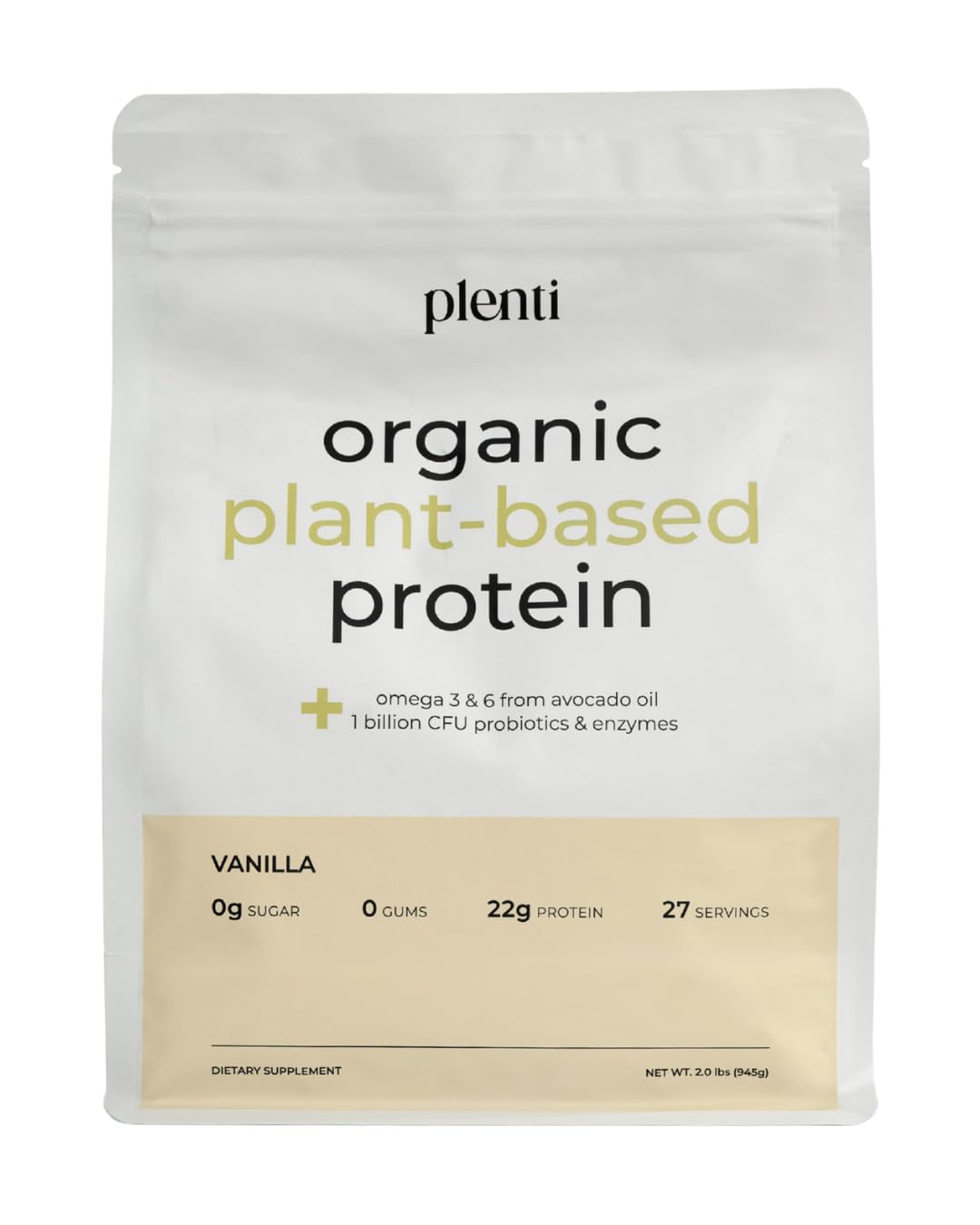 plenti Organic Plant-Based Protein Powder: Vanilla - 20g Pea Protein + Probiotics, Digestive Enzymes & Omega 3-6, Gut Friendly, Sugar Free, 27 Servings (2 lbs) plenti buy supplements canada