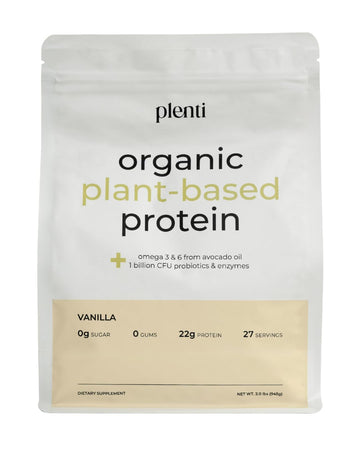 plenti Organic Plant-Based Protein Powder: Vanilla - 20g Pea Protein + Probiotics, Digestive Enzymes & Omega 3-6, Gut Friendly, Sugar Free, 27 Servings (2 lbs) plenti buy supplements canada