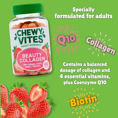 Chewy Vites Beauty Collagen 60 Gummy Vitamins |Hydrolised Collagen, CoQ10, Biotin + Vitamins | 1 Month Supply | Real Fruit Juice | Berry Flavour | 2-a-Day | CHEWY VITES buy supplements canada