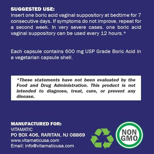 Vitamatic Boric Acid Vaginal Suppositories 600 mg USP Grade Boric Acid in Vegetarian Capsule Shell - 60 Count Vitamatic buy supplements canada