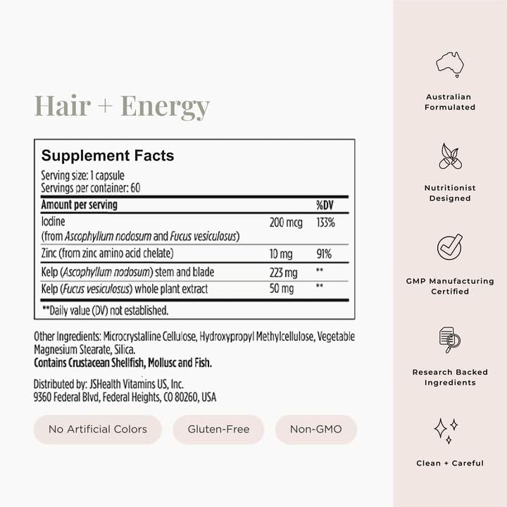 JSHealth Hair Growth Vitamins for Women. Hair + Energy with Kelp Iodine and Zinc. Supports Thickness, Strength, Energy. Nutritionist-Formulated (60 Capsules) JSHealth buy supplements canada