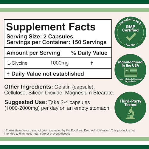 Glycine Supplement - 1,000mg Glycine Powder per Serving (300 Capsules) The Relaxing Amino Acid (Glicina) (Third Party Tested, Gluten Free, Non-GMO) by Double Wood Double Wood Supplements buy supplements canada