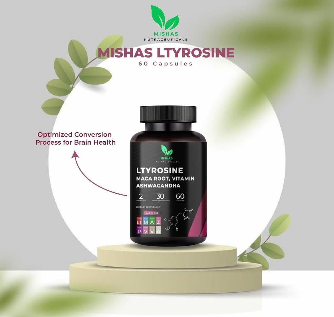 Mishas Nutraceuticals L-Tyrosine with Maca Root, Ashwagandha & Vitamins Complex – Energy, Mental Focus, Stress Relief & Immunity Support – 60 Capsules (30 Servings) Mishas buy supplements canada