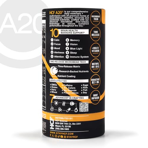 HCF A20 Microbead Brain Health Supplements for Adults for Memory, Focus, Calm, Mood, Alertness, Attention, Vision, Sleep, Immune System, 20 Premium Nootropic Nutrients Multivitamin & 7 Advances® Tech HCF buy supplements canada