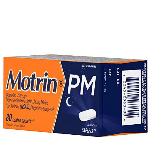 Motrin PM Caplets with 200 mg Ibuprofen & 38 mg Diphenhydramine Sleep Aid, Nighttime Pain Reliever for Minor Aches & Pains, Bulk, 80 ct Motrin buy supplements canada
