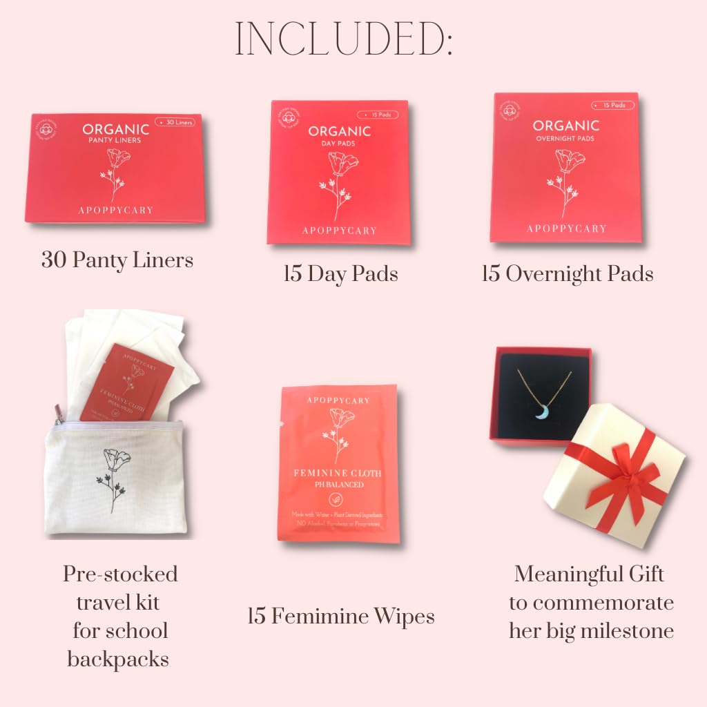 Organic 77 PC Period Kit Moon Box for Teens and Tweens - Organic Cotton Top Sheet Feminine Pads APOPPYCARY buy supplements canada
