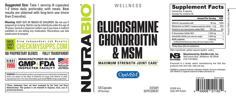 NutraBio Glucosamine Chondroitin & OptiMSM Supplement, Joint Support Formula - 120 Capsules (120 Count) NutraBio buy supplements canada