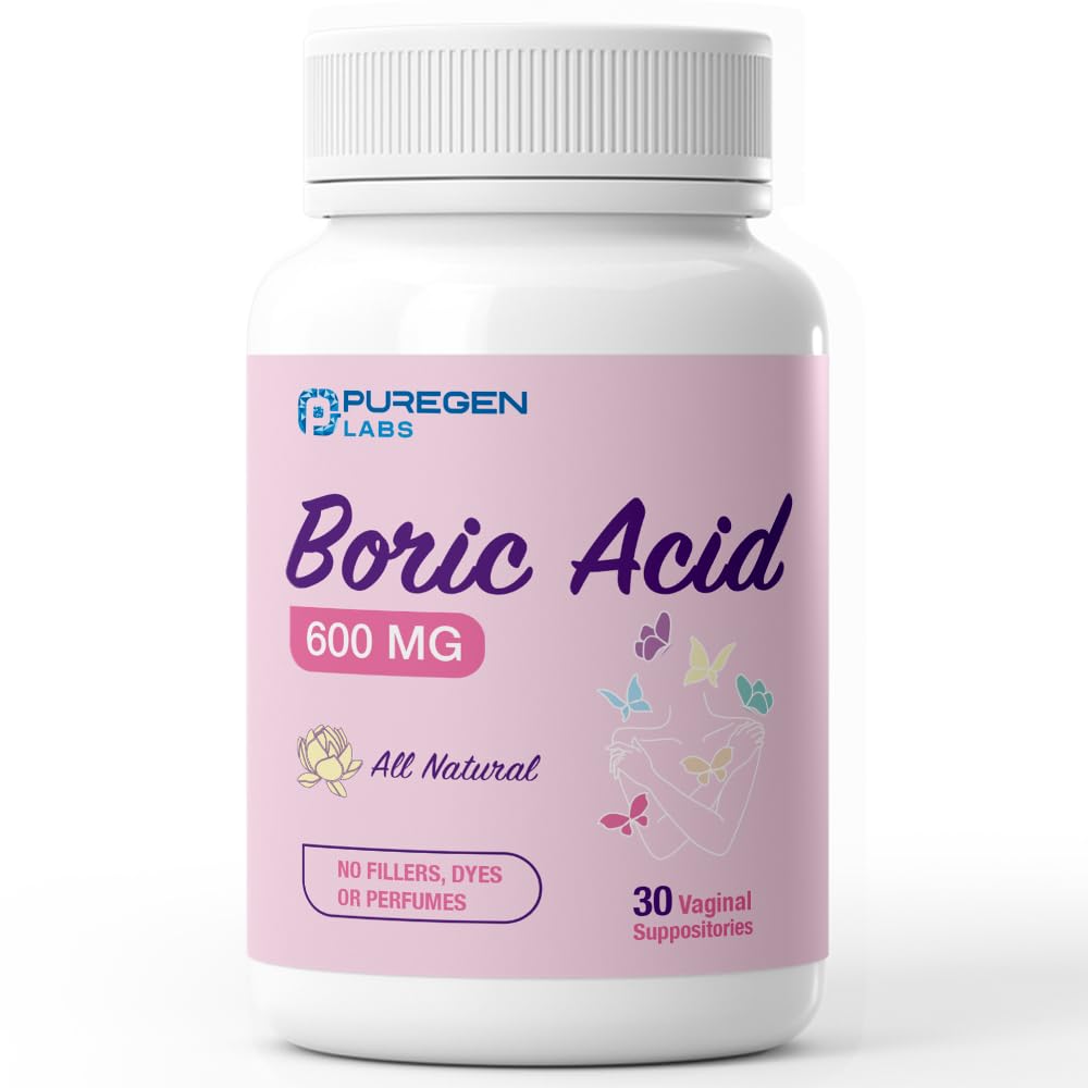 Puregen Labs Boric Acid 600 mg Vaginal Suppositories - 100% Pure | All Natural Without Dyes or Fillers | Made in USA - Supports Vaginal pH Balance and Odor Control (30 Count) P Puregen Labs buy supplements canada