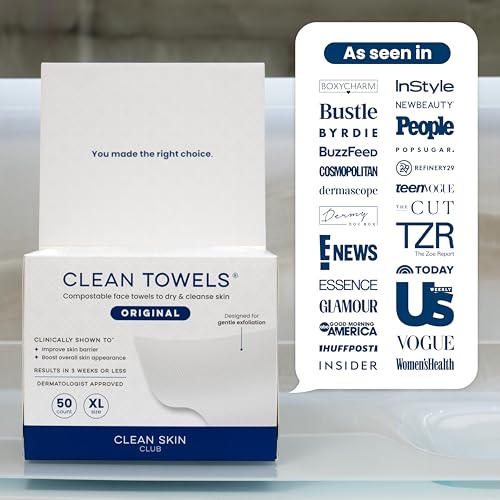 Clean Skin Club Clean Towels XL®, 100% USDA Biobased Face Towel, Disposable Face Towelette, Eczema Association Accepted, Makeup Remover Dry Wipes, Ultra Soft, 1 Pack, 50 Ct CLEAN SKIN CLUB buy supplements canada