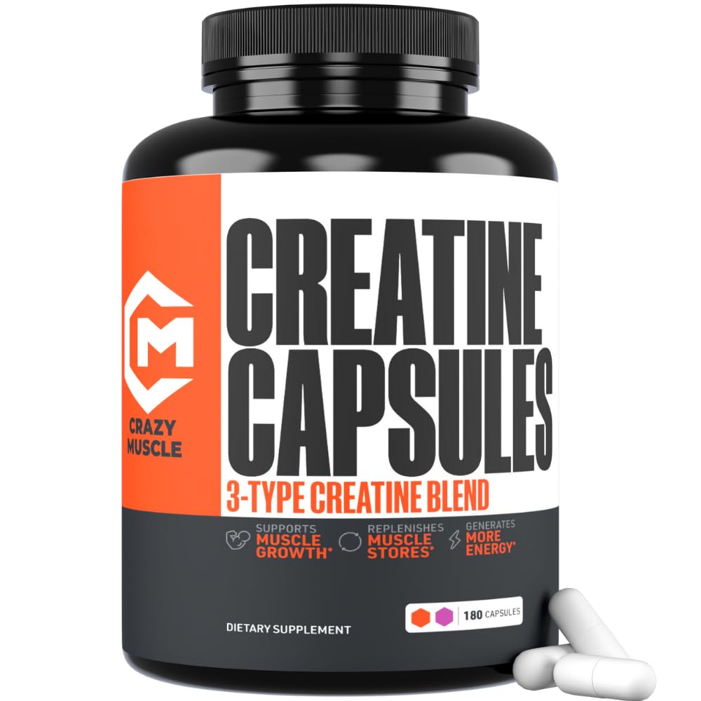 Creatine Capsules, 5g Premium 3X ThreeAtine Pre Workout Bulk Muscle Mass Gainer, High Absorption Easy to Take Creatine Monohydrate Pills Alternative Optimum Performance for Men Women, 180 Capsules Crazy Muscle buy supplements canada